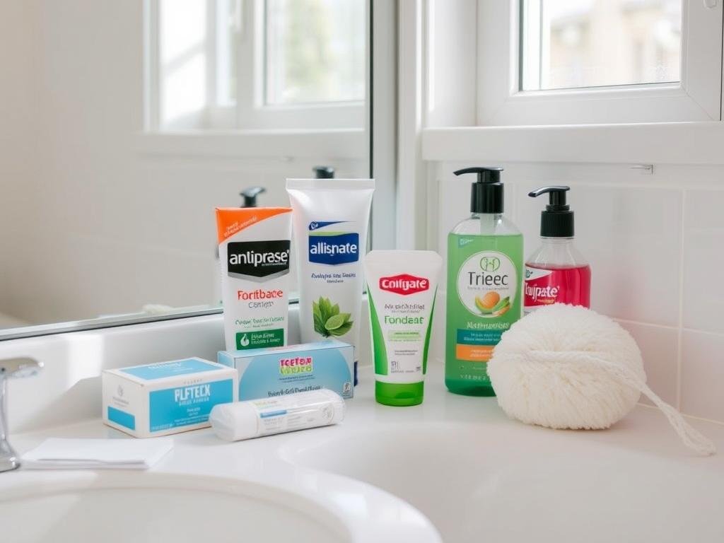 Affordable hygiene products arranged neatly in a bathroom, showing the foundation of how to smell good on a budget Affordable hygiene products arranged neatly in a bathroom, showing the foundation of how to smell good on a budget