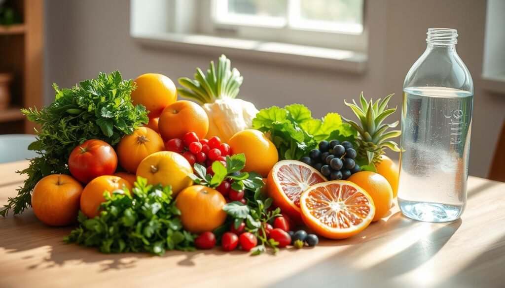Fresh fruits, vegetables and water on a table, showing how diet affects how you smell good on a budget Fresh fruits, vegetables and water on a table, showing how diet affects how you smell good on a budget