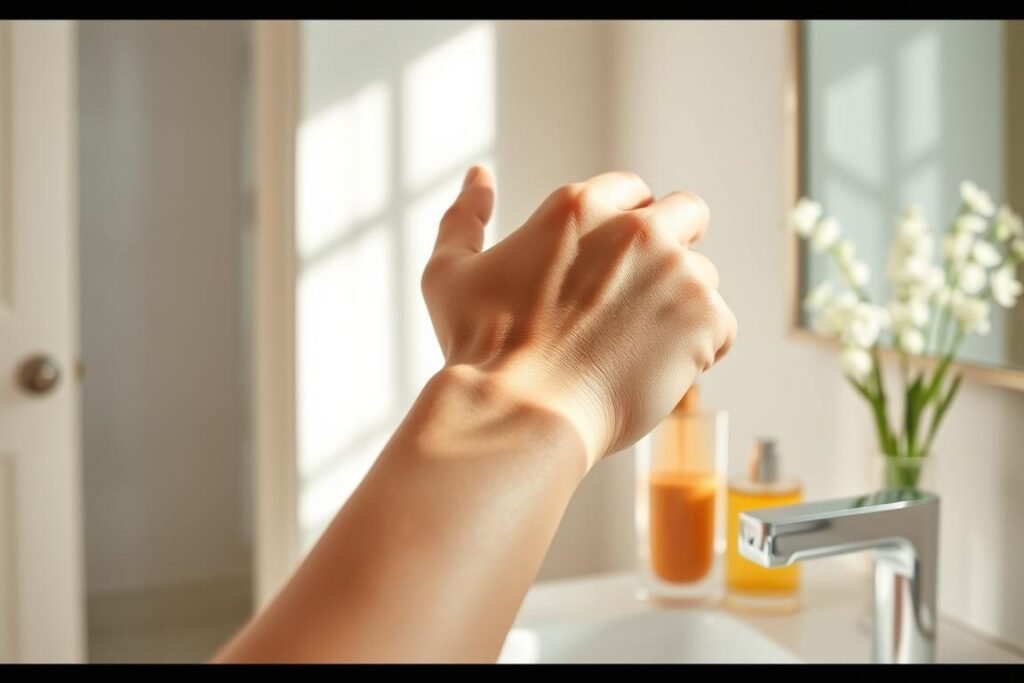 Reaching for a fragrance to demonstrate how to smell good on a budget through proper application Reaching for a fragrance to demonstrate how to smell good on a budget through proper application